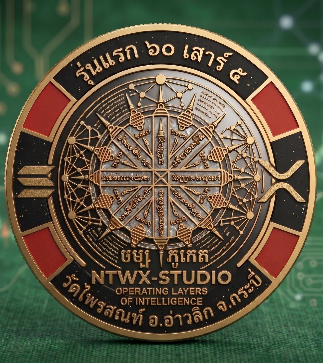 Physical NTWX-STUDIO gold medallion with ornate black and red detail, reading Operating Layers of Intelligence — studio access invite